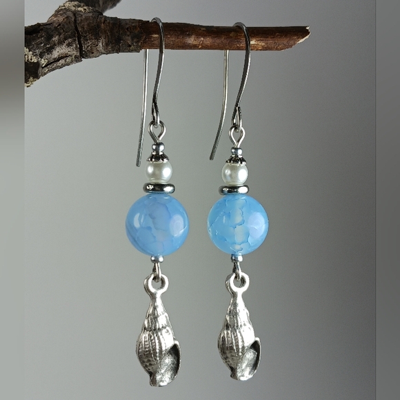 HAND CRAFTED Coastal Shell Earrings Blue Agate Pearl Silver Boho Beach Gift - Picture 2 of 6